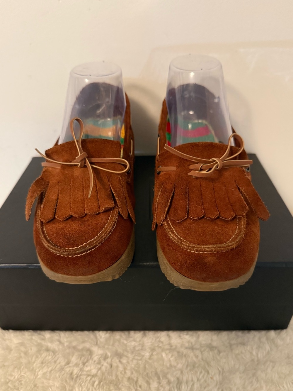 Vintage 70s Brown Suede Platform Moccasins with Fringe Kilty and Bow